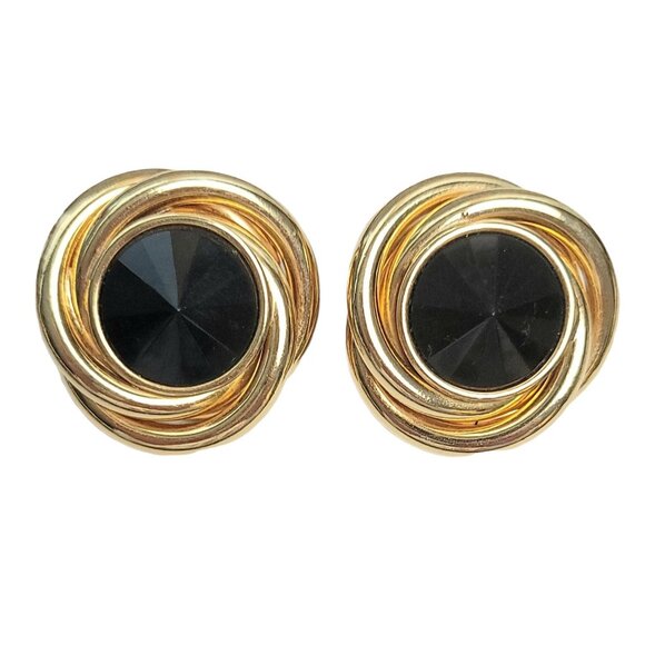 Kirk's Folly Gold Tone Black Lucite Rivoli Clip On Earrings, Signed - Picture 9 of 9